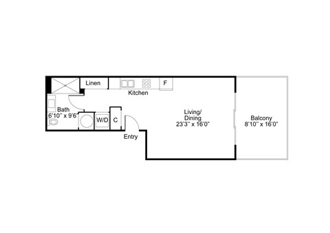 A floor plan of a home with a living room, dining room, kitchen, bathroom, and entry.